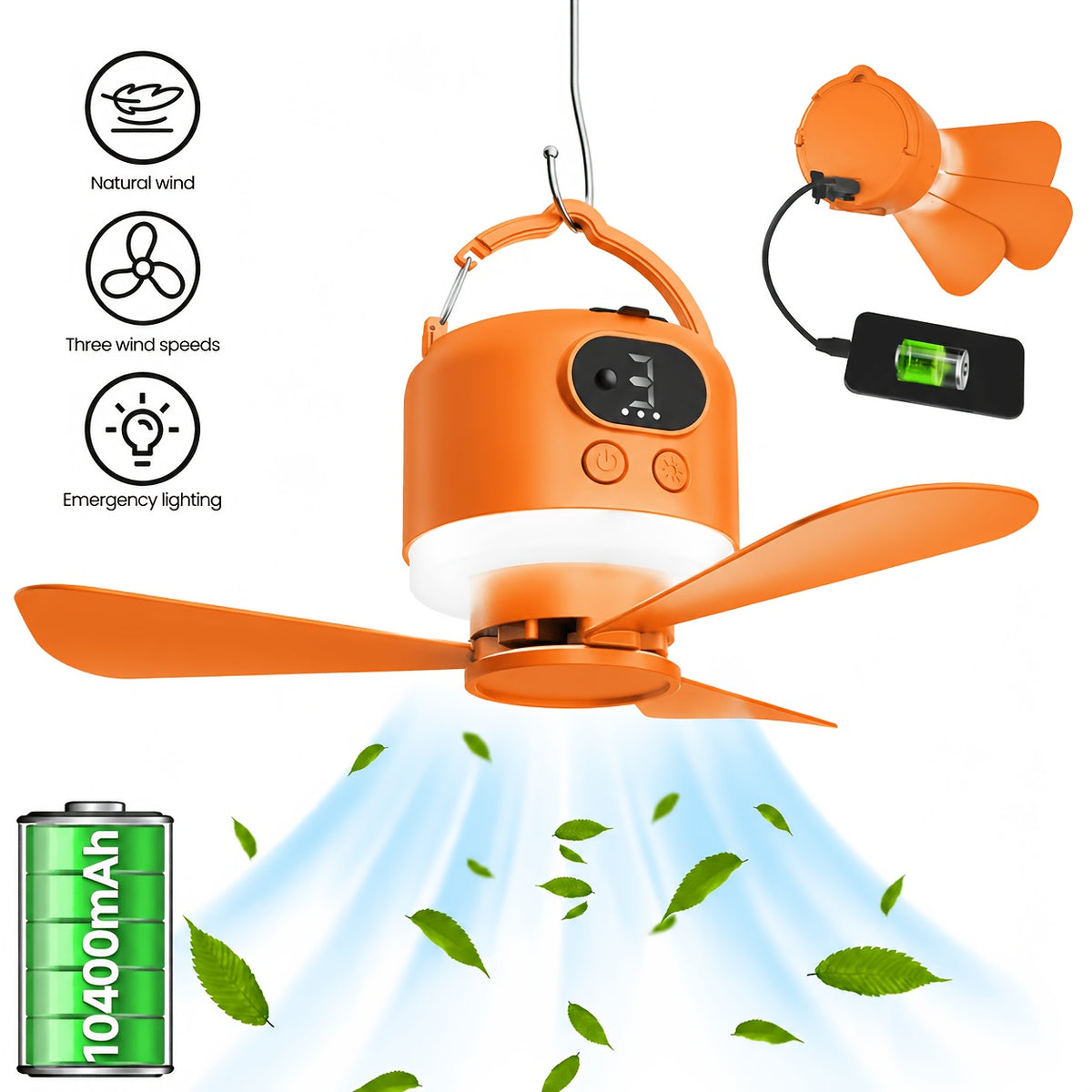 Camping Ceiling Fan with Light, 10400mAh Rechargeable USB Tent Fan Lamp, 4-Speed Quiet Hanging Fan for Tent, Dorm, RV, Remote Control, Power Bank Charges Phones, Multiple Colors