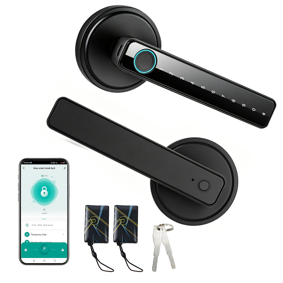Fingerprint Door Lock Knob in Black with Listed IC Card, Code and Mechanical Key Access, Electronic Handle for Compatible Bedroom, Home and Office Doors