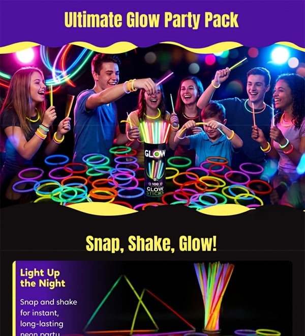 Glow Sticks Party Pack by SYNCFUN, 100 Eight-Inch Sticks with 100 Connectors and Seven Listed Colors for Bracelets, Necklaces and Holiday Celebrations