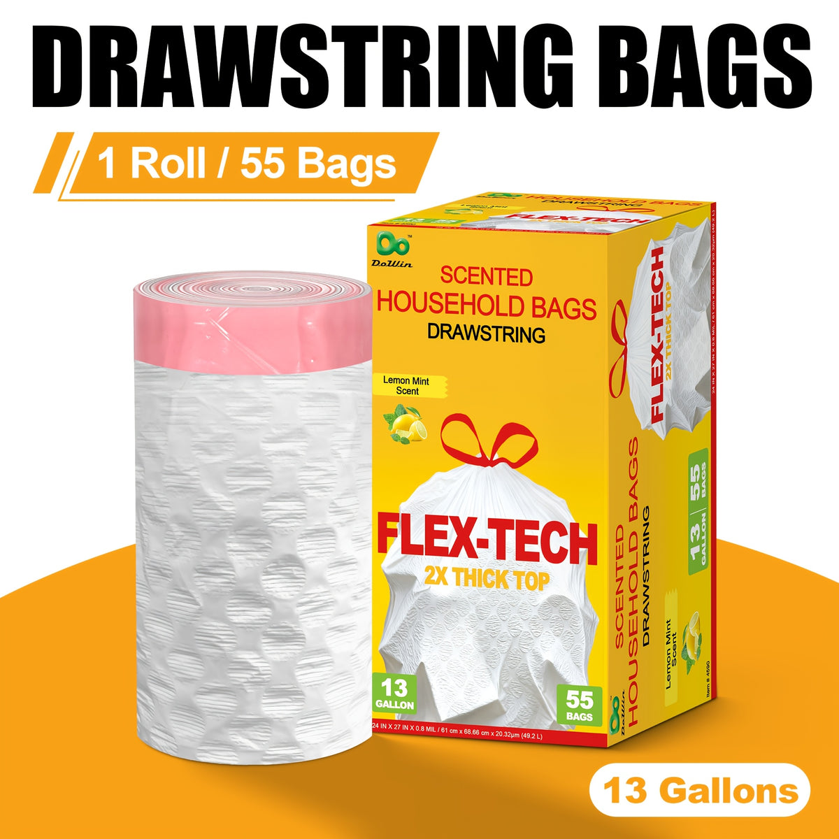 Lemon Scented Drawstring Trash Bags 13 Gallon, White Disposable Kitchen Bin Liners with Boxed Packaging Reference and 20, 55, 110 or 165 Quantity Labels