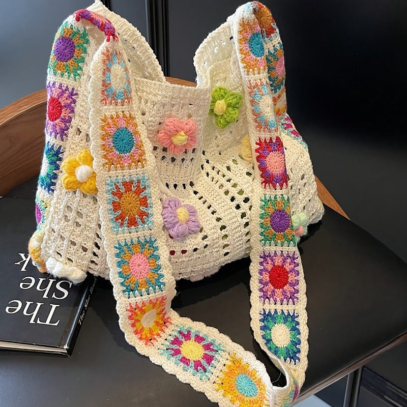 Boho Messenger Bag for Women with Hollow Flower Details and Contrast Fabric, Vintage-Inspired Casual Purse with Button Accents, No Closure and Seven Option Labels