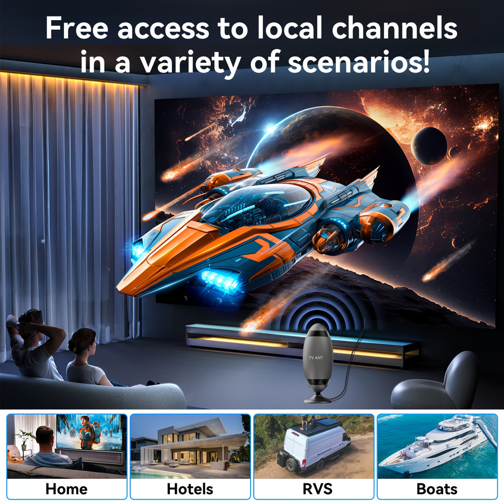 Rugby-Shaped Indoor HDTV Antenna in Black with Listed VHF and UHF Support, 4K and 1080P Compatibility Wording for Suitable Television Broadcast Reception