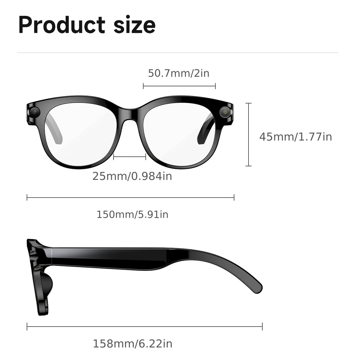 Photochromic Camera Glasses with 8MP Imaging, Stabilization, Photo Video and Audio Recording, AI Translation, Voice Control, Music and Dual Microphones