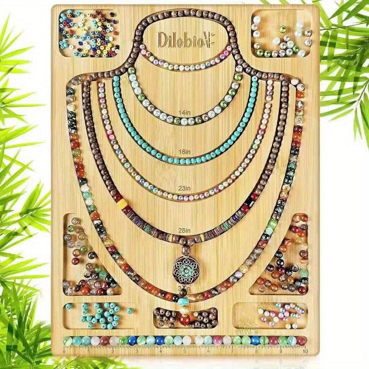 Bamboo Bead Design Board, Apricot Jewelry Layout Tray with Engraved Measurement Markings and Storage Grooves for Planning Bracelets and Necklaces