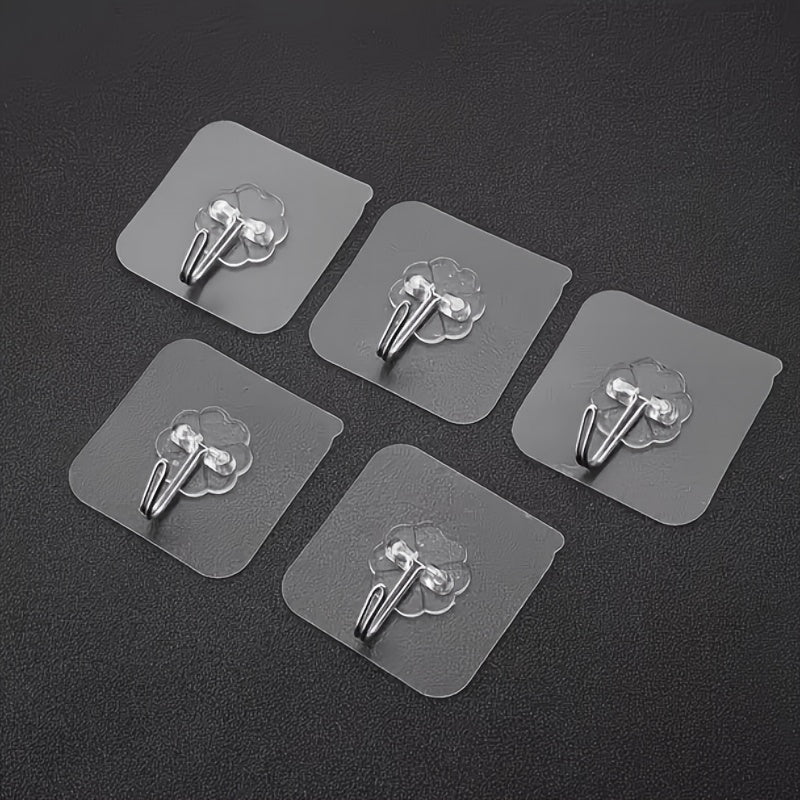 Transparent Adhesive Hooks for Kitchen and Bathroom Organization, 30-Piece Plastic Wall Hook Set with No-Drill Mounting on Compatible Surfaces