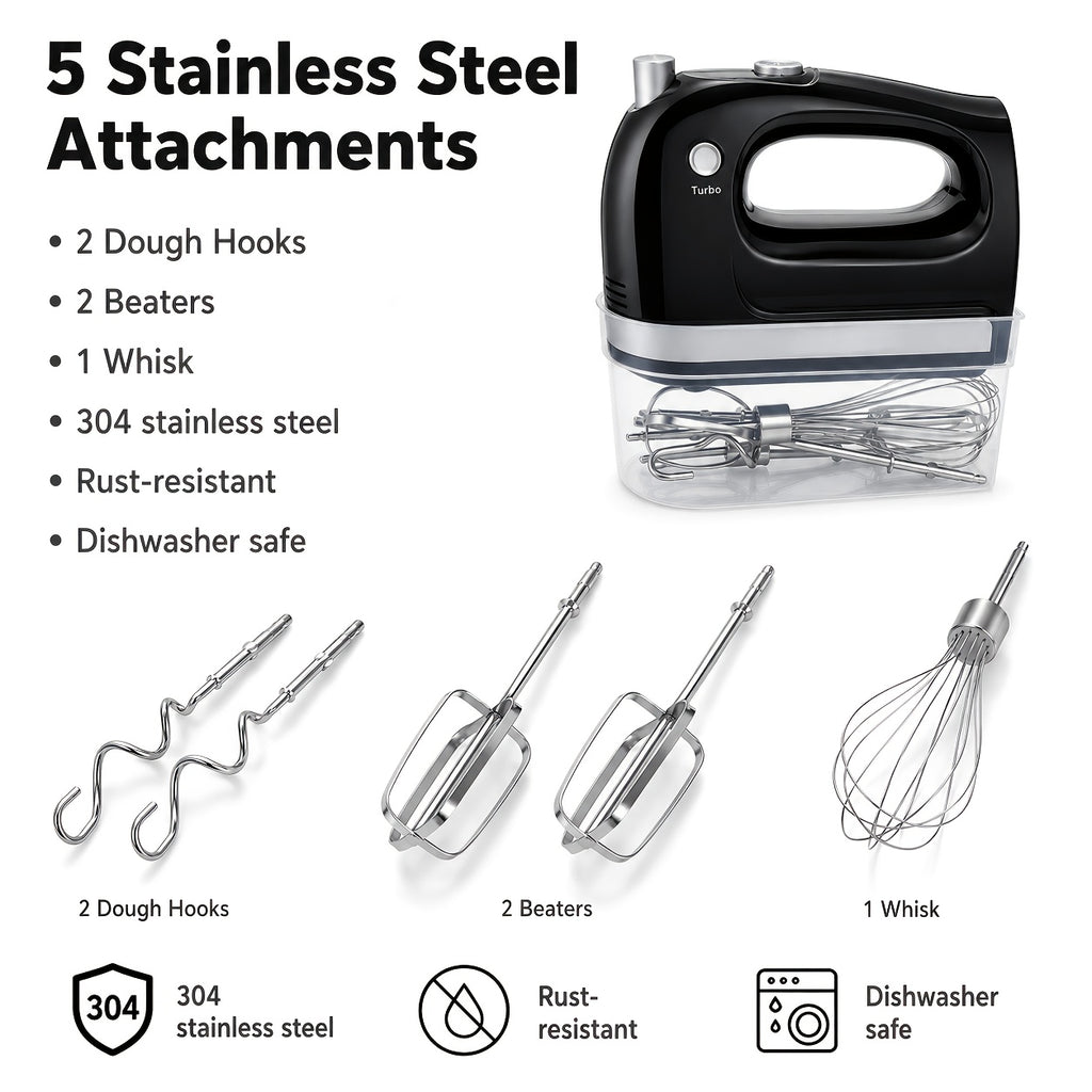 400W Hand Mixer with Five Speeds, Turbo Boost and Eject Button, Listed Five Stainless Steel Attachments and Five Color Options for Cake Batter, Eggs and Cream