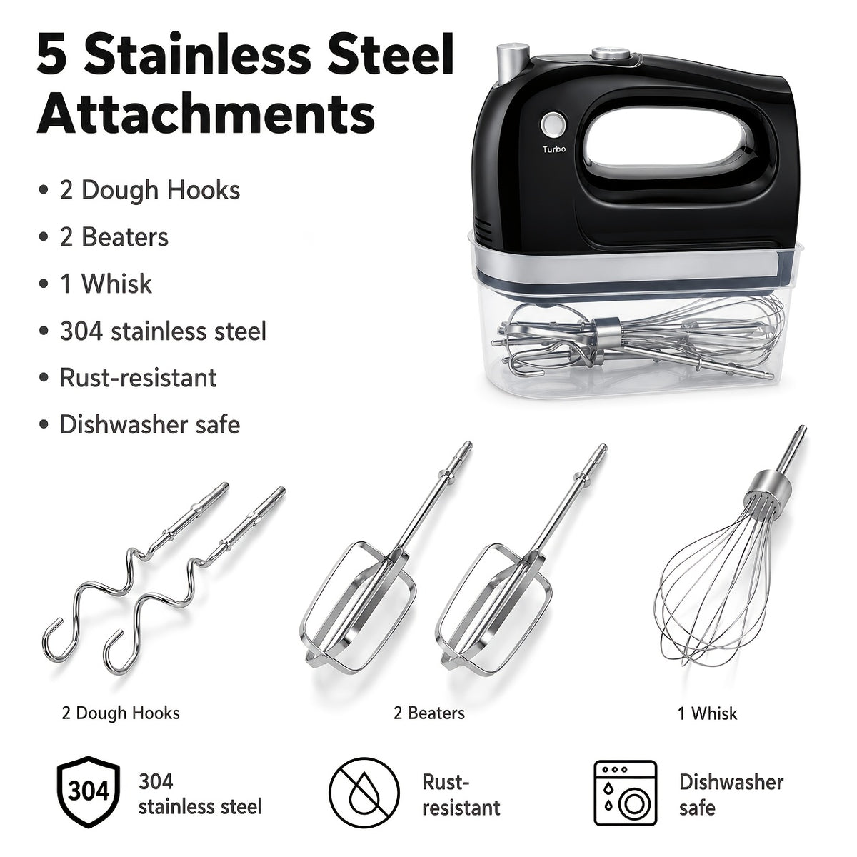 400W Hand Mixer with Five Speeds, Turbo Boost and Eject Button, Listed Five Stainless Steel Attachments and Five Color Options for Cake Batter, Eggs and Cream