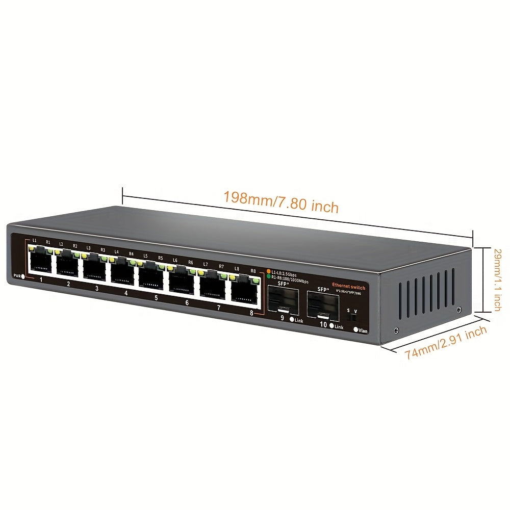 Ten-Port 2.5G Ethernet Switch in Black with Eight Listed RJ45 Ports and Two 10G SFP+ Slots, Fanless Metal Plug-and-Play Network Device for Compatible NAS and PCs