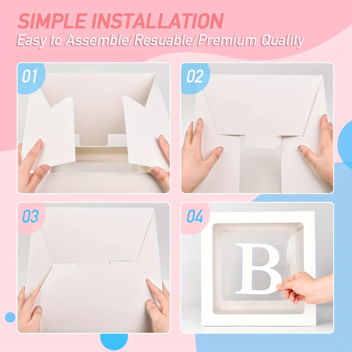 Transparent Balloon Boxes Set of 4 in White with Four Letter Pieces for Baby Shower Styling, Gender Reveal Celebrations, Birthday Parties and Event Decorations