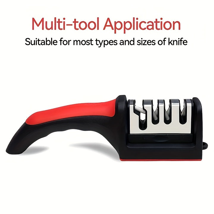 4-Stage Knife Sharpener with Non-Slip Grip, Red and Black Kitchen Edge-Care Tool with Listed Tungsten, Diamond and Ceramic Abrasives for Compatible Knives
