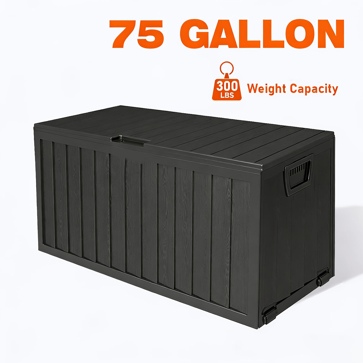 Outdoor Deck Storage Box in Black with Listed 75-Gallon Capacity, Locking Hole and Bottom Casters for Organizing Compatible Patio, Porch and Garden Essentials