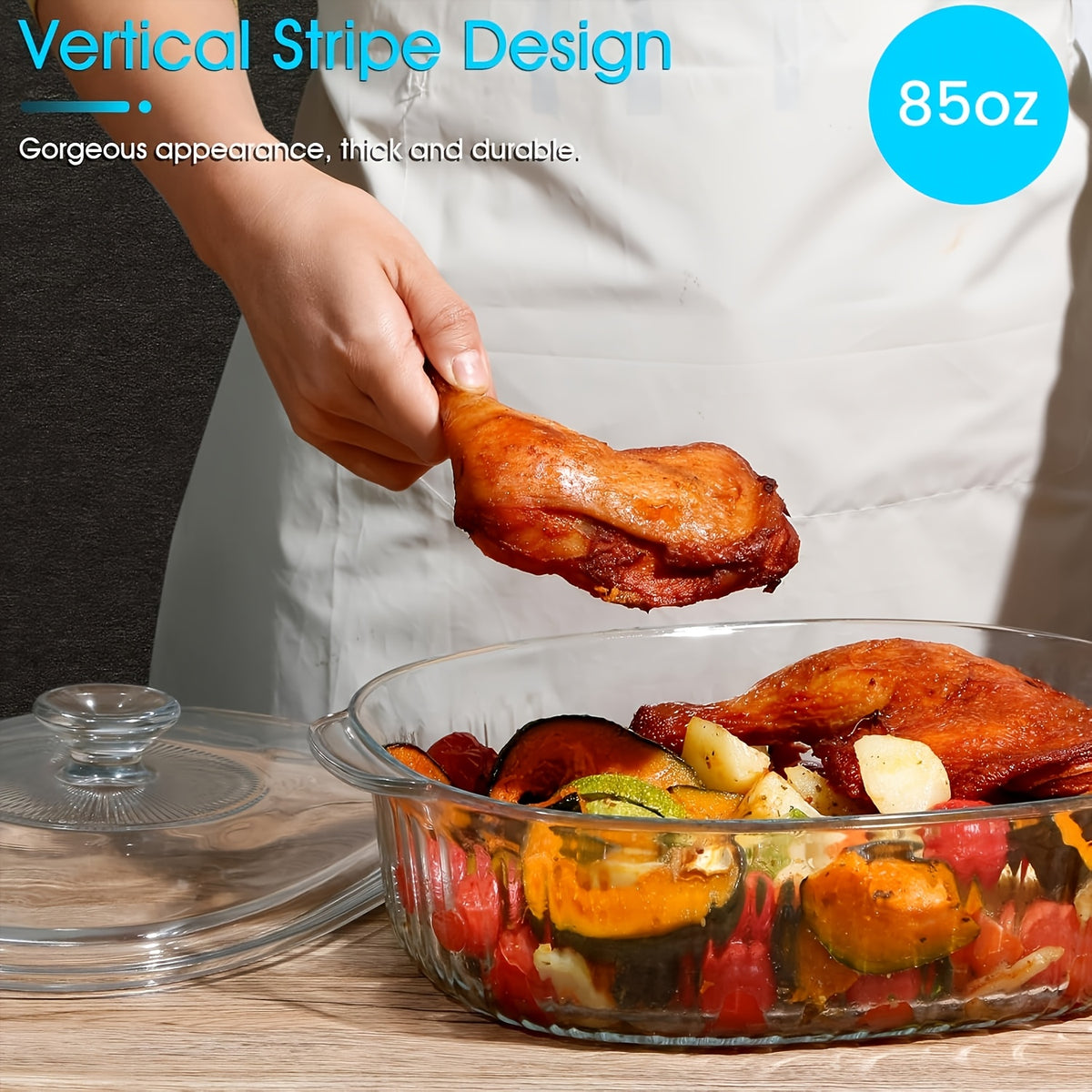 Oval Glass Baking Dish with Lid in 50oz or 85oz Sizes, Deep Transparent Borosilicate Cookware for Pasta, Casseroles, Chicken and Holiday Desserts