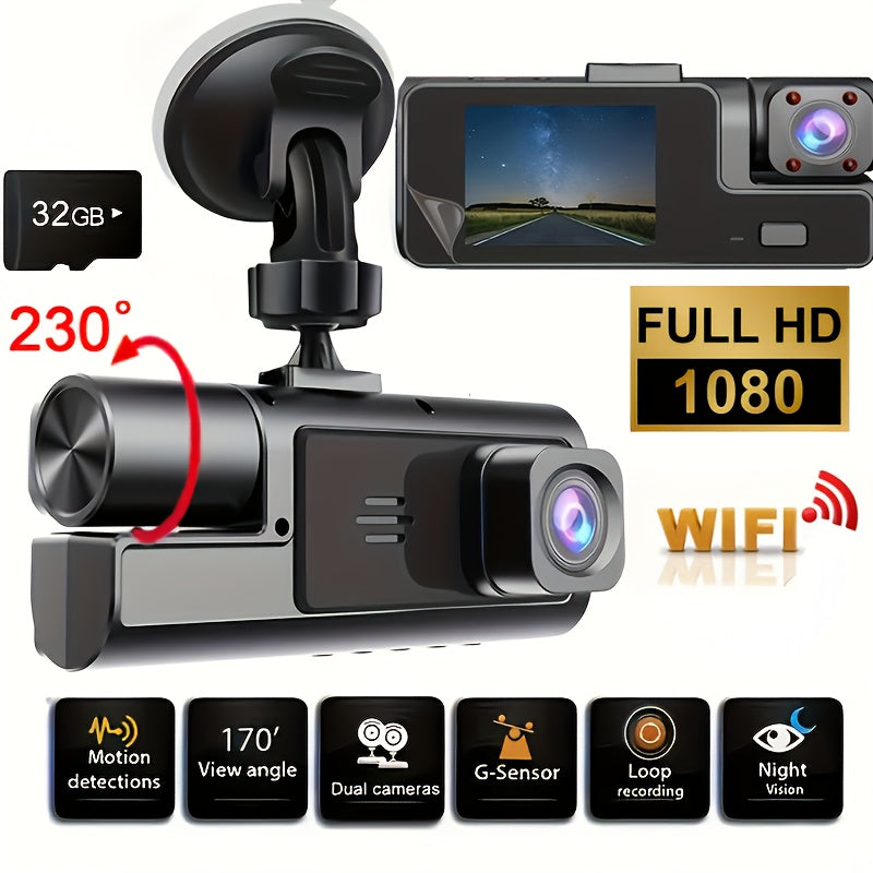 Dual or Triple Lens Dash Cam, Black Vehicle Camera with Listed 1080P Front and 720P Rear Recording, Loop Recording and G-Sensor References, Select 32G and Wi-Fi Options