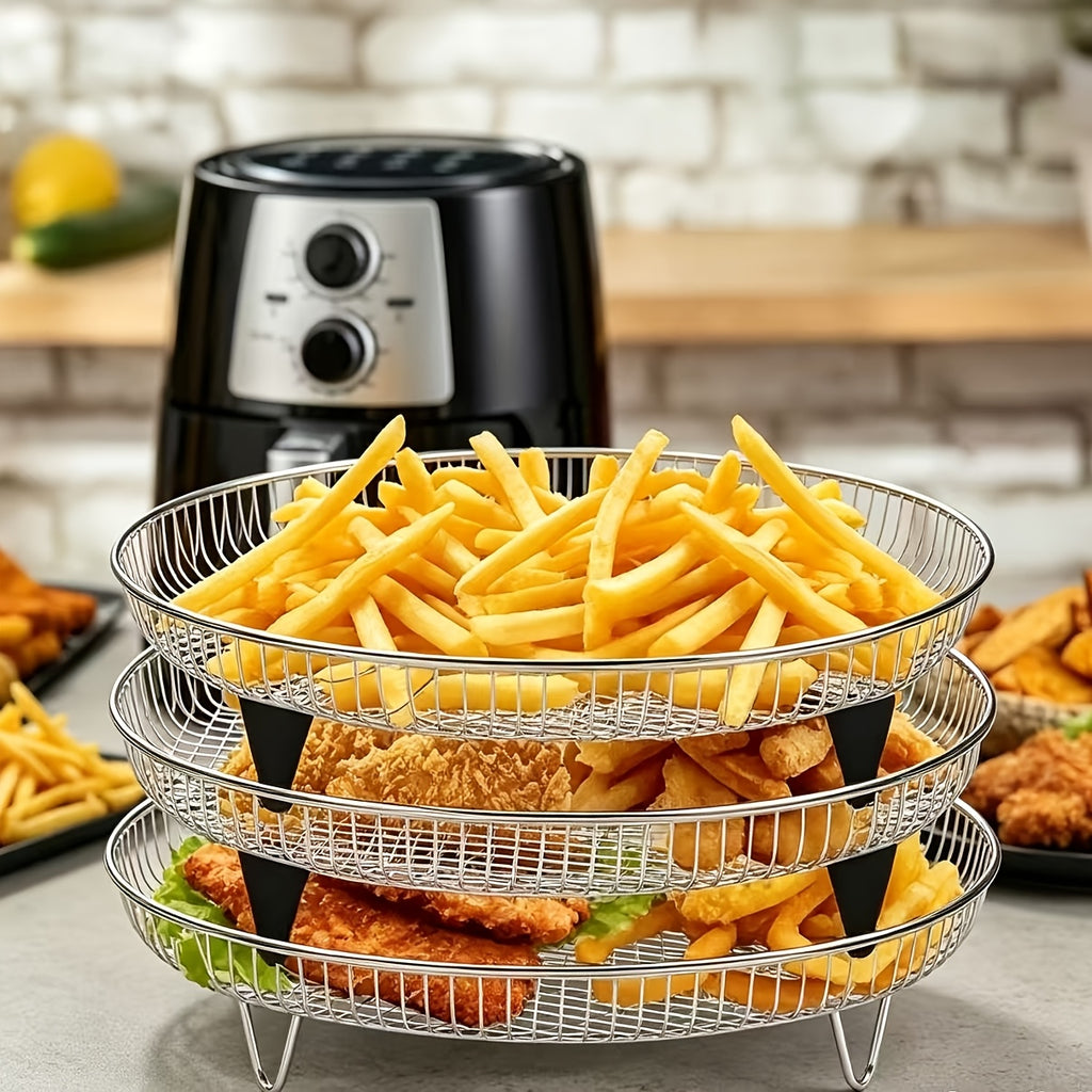 Stainless Steel Air Fryer Rack 7-Piece Set, Stackable Dehydrator Rack with Clip for 4.2 to 5.8 QT Air Fryers, Reusable Round Baking Rack, Washable Air Fryer Accessories for Cooking