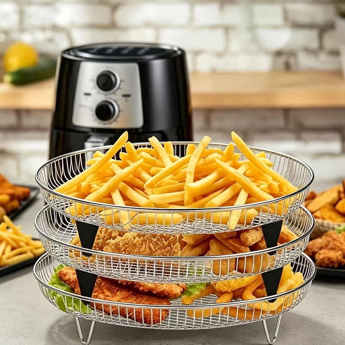 Stainless Steel Air Fryer Rack 7-Piece Set, Stackable Dehydrator Rack with Clip for 4.2 to 5.8 QT Air Fryers, Reusable Round Baking Rack, Washable Air Fryer Accessories for Cooking