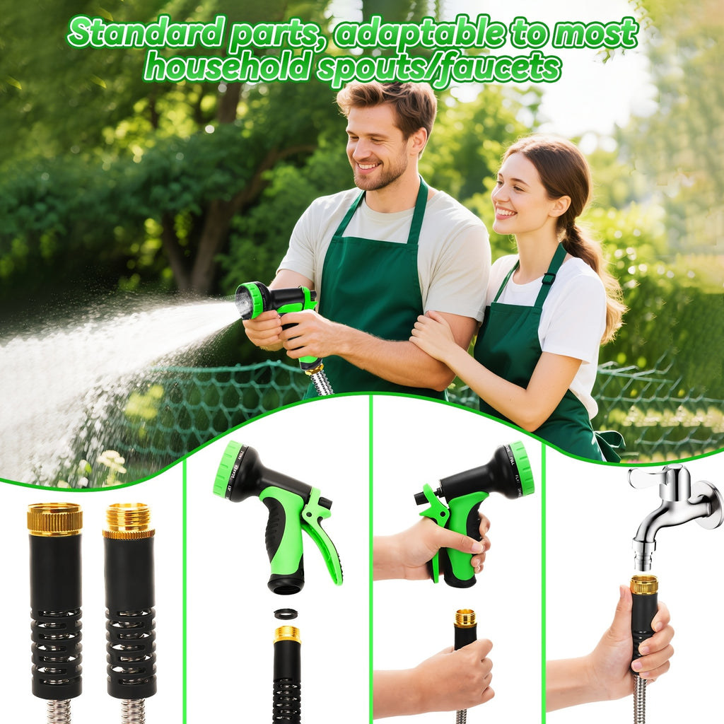 Metal Outdoor Watering Hose with Listed Stainless Steel Design, 50ft or 100ft Options and Ambiguous Three-Fitting and Ten-Function Nozzle Wording for Garden Care