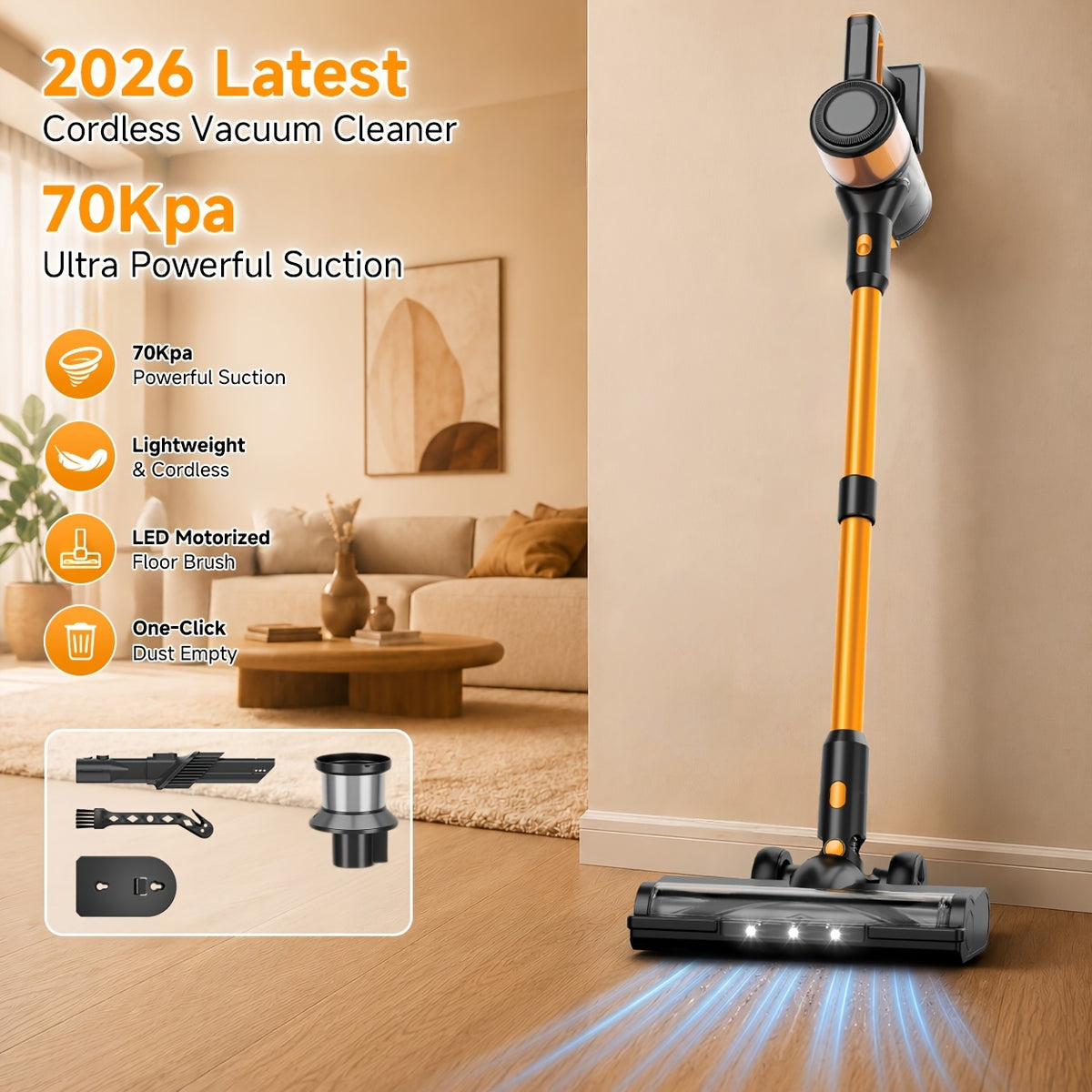 2026 Upgraded Cordless Vacuum Cleaner, 70Kpa High Suction, Multi-Speed Adjustment, HEPA Filtration, Anti-Tangle Brush, Low-Noise Motor, Long-Lasting Battery, Lightweight, Hard Floors, Carpets, Pet Hair, Curtains, Cars