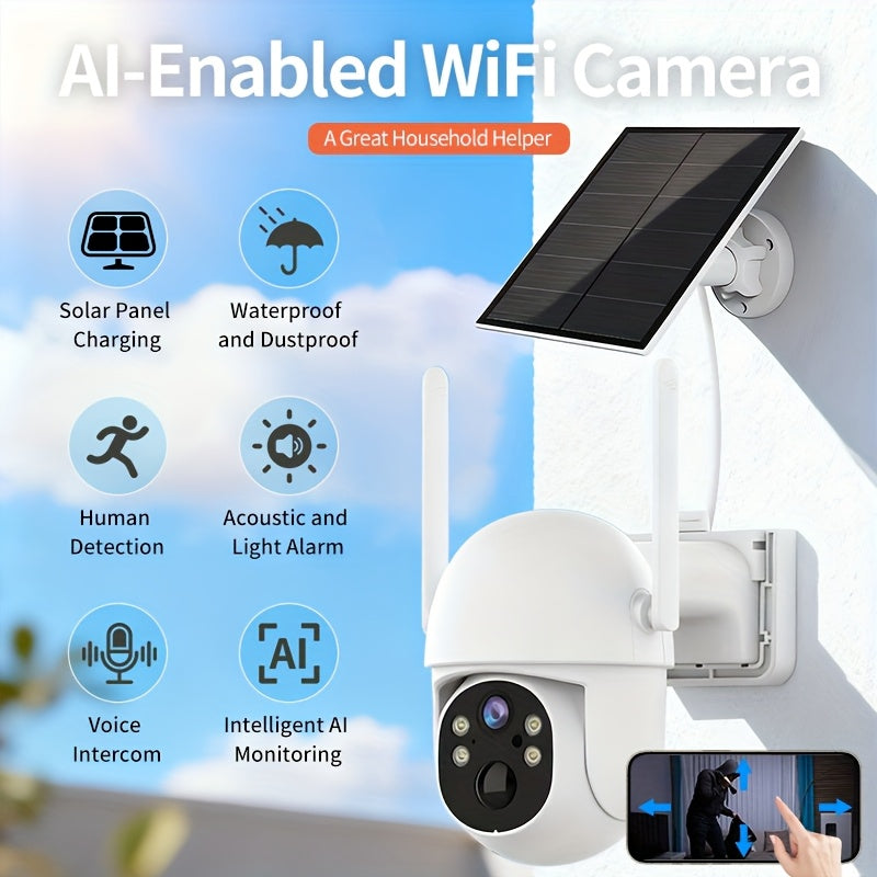 1/2pcs Security Surveillance Camera, with Solar Panel, AI Detection, Sound And Light Alarm, Pan/Tilt Control Via APP, Color Night Vision Mode, Wi-Fi Connectivity, 2K HD Resolution, Two-Way Voice, Encrypted Cloud Storage, High Quality
