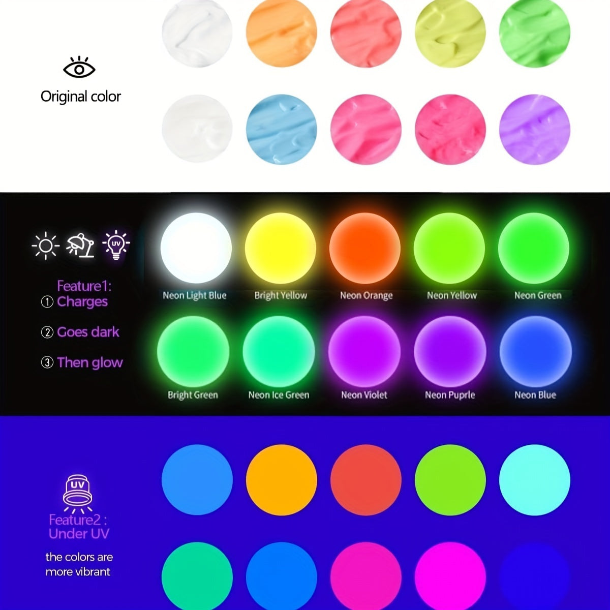 Glow-in-the-Dark Acrylic Paint in 10 Neon Colors with Listed UV-Reactive Effects and 60ml/2oz Wording for Rock Painting, Canvas Art and Seasonal Crafts