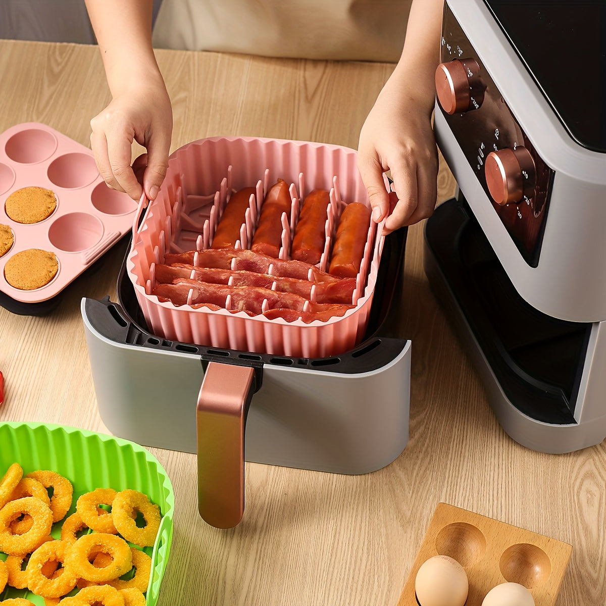 Silicone Air Fryer Baking Tray Set of Two with Listed Nonstick Liner and Muffin Mold Wording, Reusable Kitchen Accessories in Five Colors for Compatible Appliances