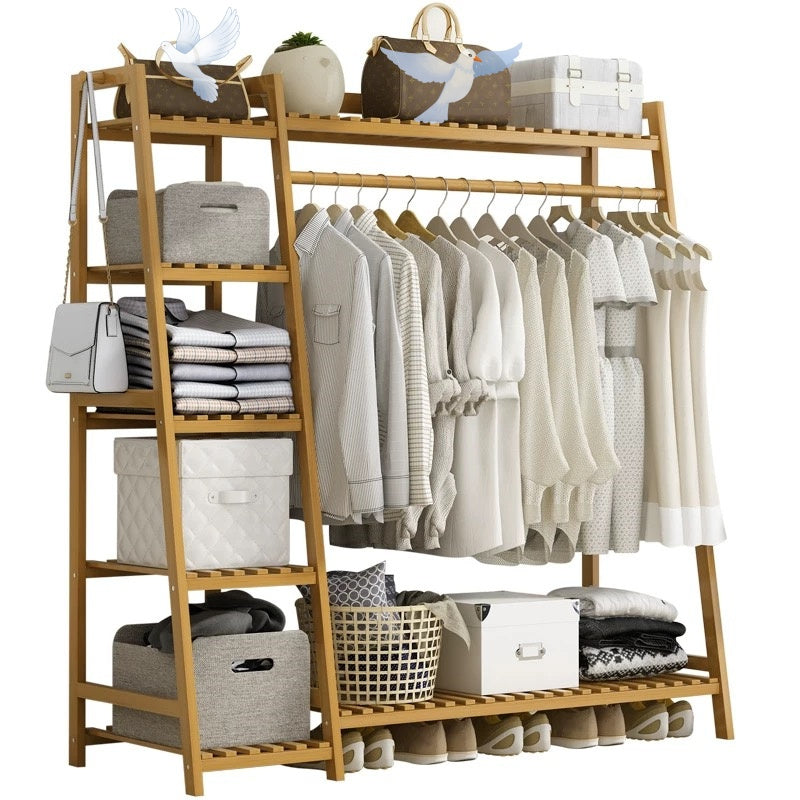 Bamboo Garment Rack with Adjustable Shelves, Five Side Storage Racks and Hat Hooks for Bedroom Organization, Brown or Nature with Four Size and Bag Option Labels