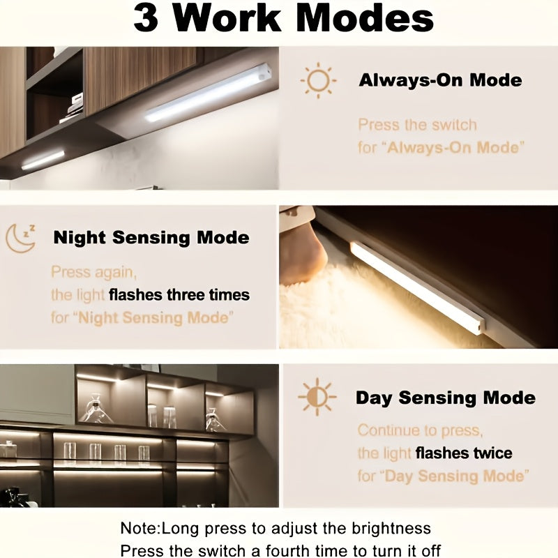 Rechargeable LED Motion Sensor Cabinet Lights, USB Wireless Under Cabinet Lighting, 3 Modes, Magnetic Stick-On Night Light Bar for Kitchen, Closet, Hallway, Stairs, Bedroom, 6/9/12-Pack, 3 Sizes
