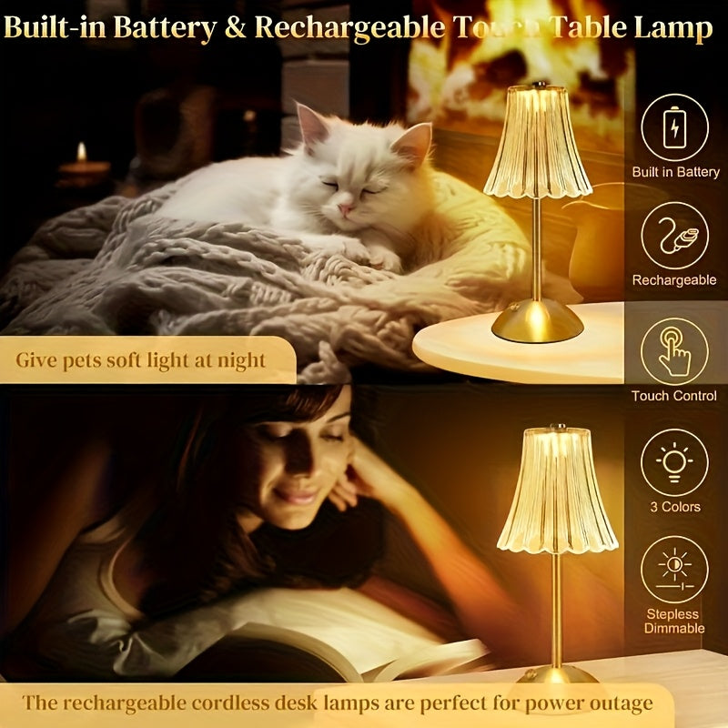 Retro Mini Table Lamp Set of 2 in Golden Finish, USB Rechargeable 12-Inch LED Lights with Three-Color Touch Control, Non-Dimmable Dining Decor