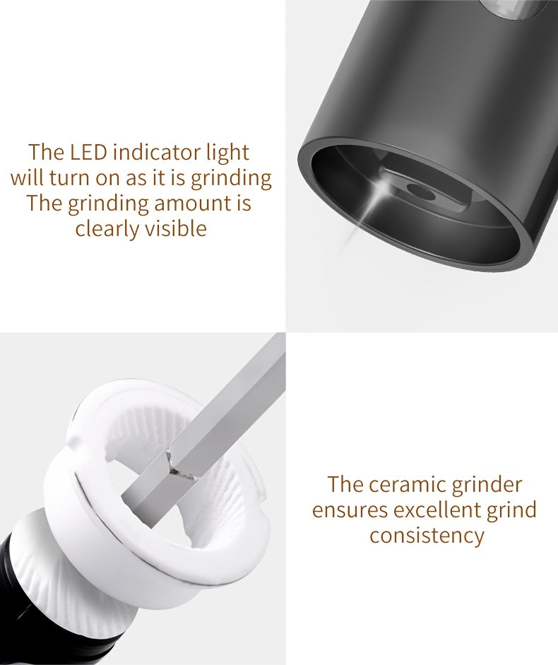 LED Salt and Pepper Grinder with Rechargeable Electric Grinding and Adjustable Coarseness, Black or Green Options Including Two-Piece Charging-Base Labels