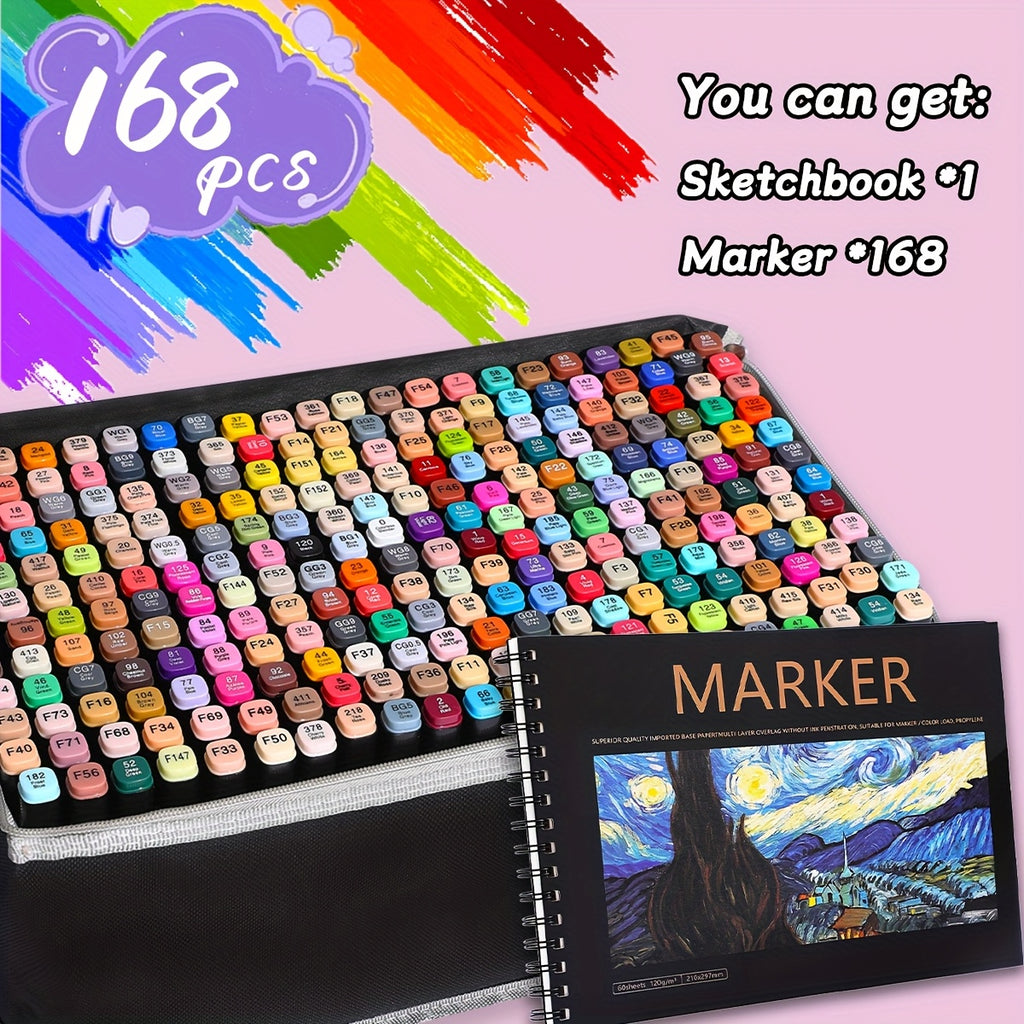Drawing Marker Set with Dual Tips and Listed A4 Sketchbook, 168, 204 or 262 Color Options for Sketching, Coloring, Illustration and Creative Office Art Projects