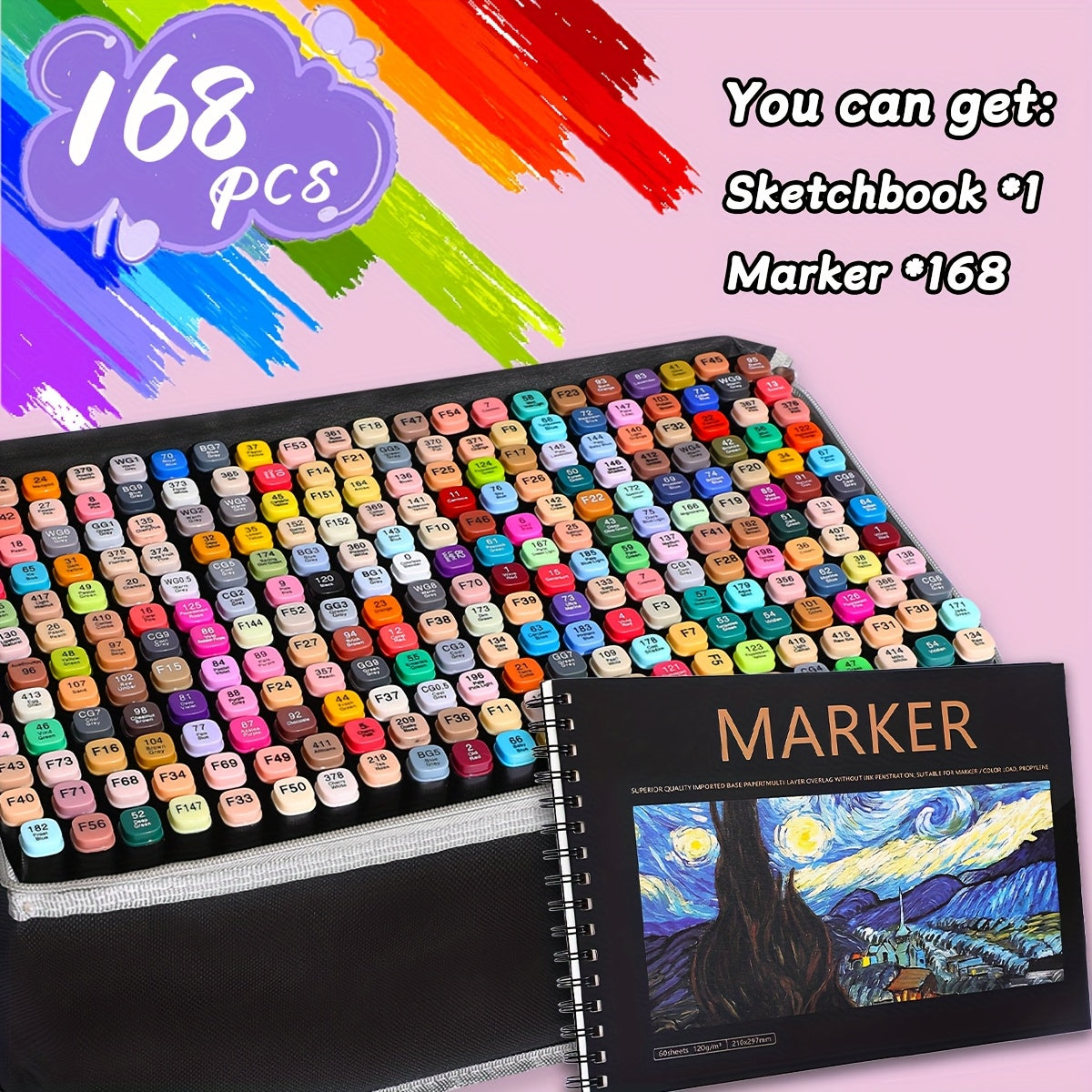 Drawing Marker Set with Dual Tips and Listed A4 Sketchbook, 168, 204 or 262 Color Options for Sketching, Coloring, Illustration and Creative Office Art Projects