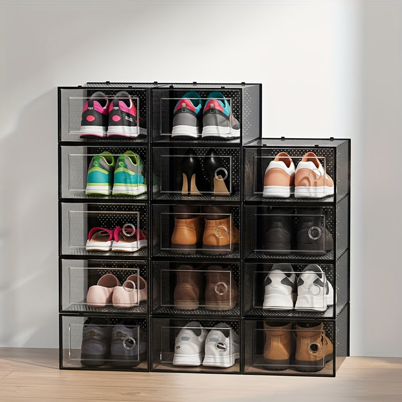 Clear Stackable Sneaker Boxes with Lids, Modular Plastic Shoe Storage Containers in Black or White and 6, 12 or 24 Pack Options for Closet Organization
