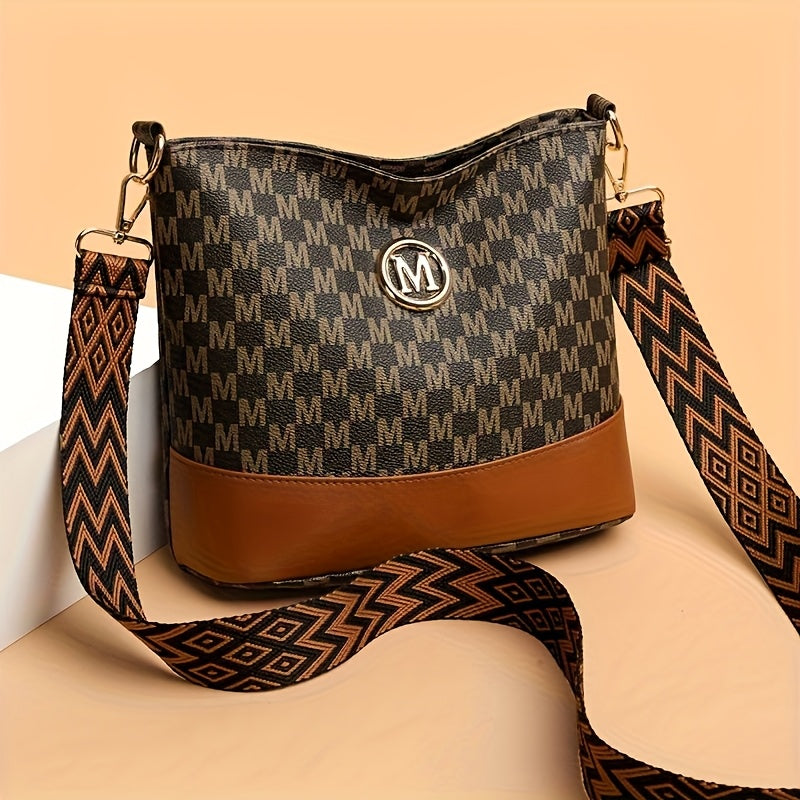 Patchwork Shoulder and Crossbody Bag with Vintage Styling and Wide Lettered Woven Strap, White or Brown Options for Workday Outings, Shopping and Dining