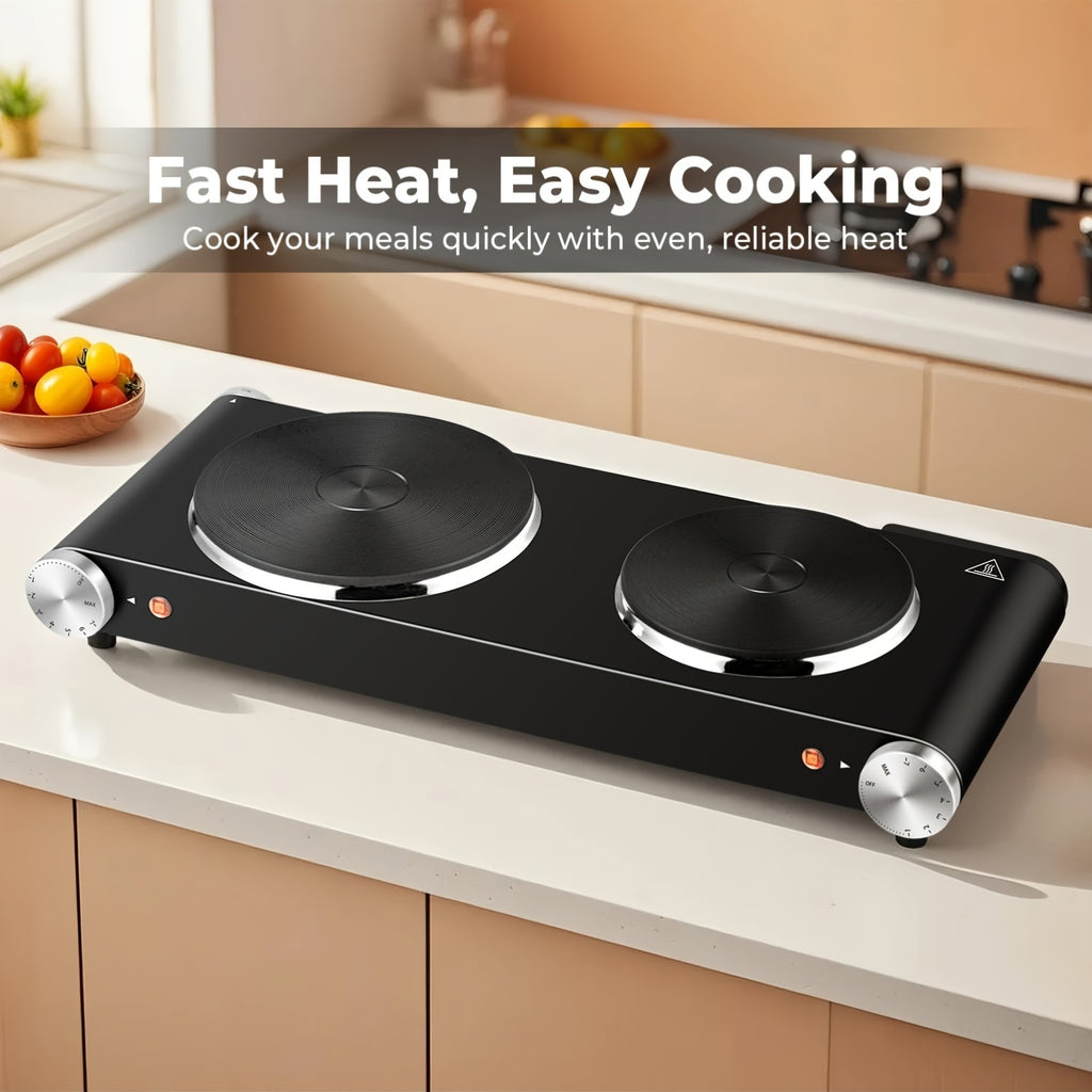 Double Burner Infrared Hot Plate by COKLAI MAX, Portable Electric Cooktop with Dual Temperature Control and Stainless Steel Body for Home Cooking