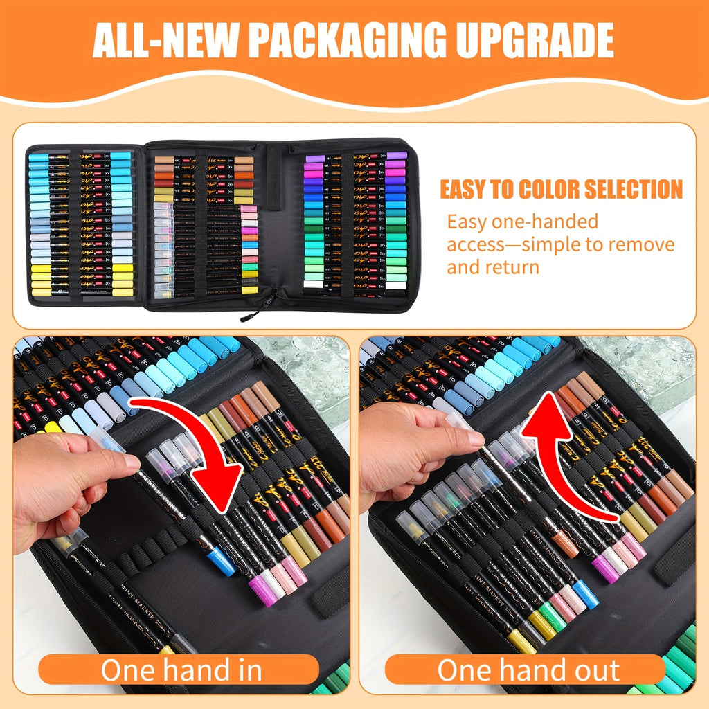 72-Piece Dual Tip Acrylic Paint Marker Set with 60 Classic and 12 Metallic Colors, Brush, Fine and Dot Tip Configurations for Decorative Craft Projects