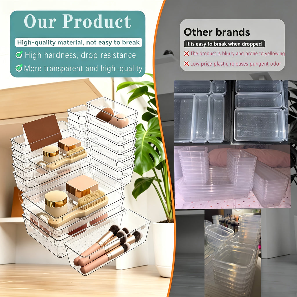 Transparent PET Drawer Organizer Set with 44-Piece, 58-Piece, 23-Piece or 11 Plus 2 Options for Desktop, Vanity, Bathroom and Bedroom Small-Item Storage