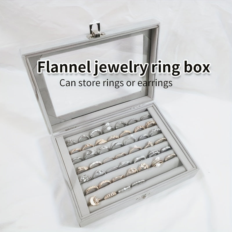 49-Ring Jewelry Storage Box with Glass-Like Plastic Lid and Buckle Closure, Rectangular Ring and Earring Organizer in Gray, Pink, White or Black for Dressers