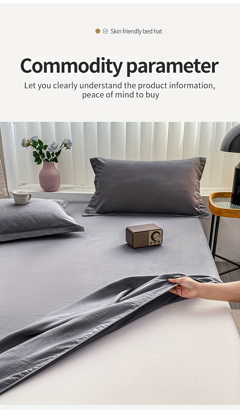Three-Piece Solid Fitted Sheet and Pillowcase Set, One Soft-Feel Mattress Sheet with Two Pillowcases in Ten Size Labels and Six Colors for Home Bedrooms