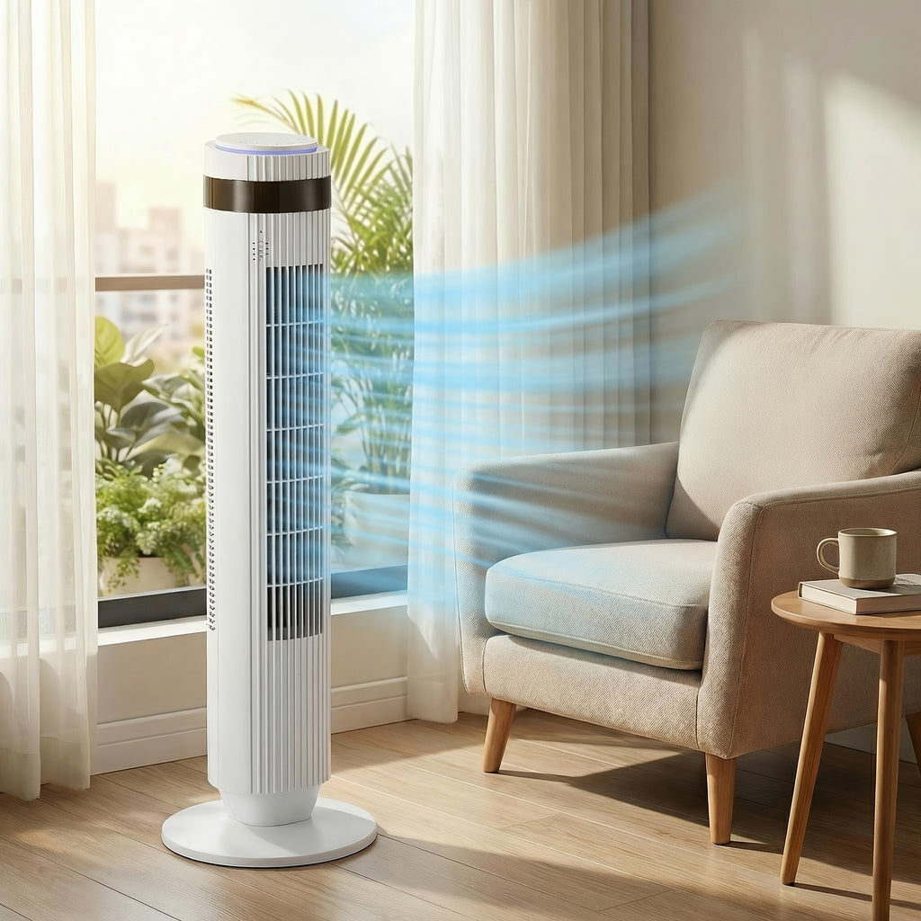 DC Motor Tower Fan with Remote Control, Bladeless Standing Fan with 5 Speeds, 4 Modes and 12-Hour Timer for Bedroom, Living Room and Home Office