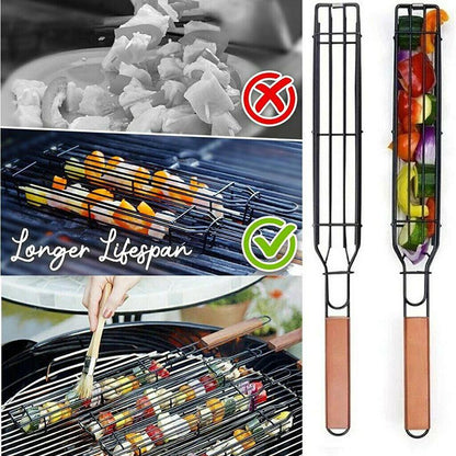 BBQ Grill Basket in Black Stainless Steel, One-Piece Outdoor Cooking Accessory for Compatible Backyard Barbecues, Camping Cookouts and Grill Meal Preparation