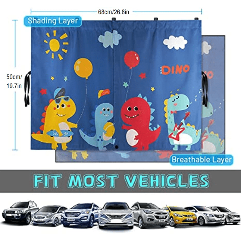 Magnetic Car Window Sunshade with Double-Layer Curtain Design, Side-Window Shade in Blue, Bear, Dinosaur or Unicorn Selections for Vehicle Travel Setups