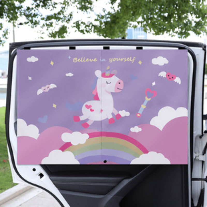 Magnetic Car Window Sunshade with Double-Layer Curtain Design, Side-Window Shade in Blue, Bear, Dinosaur or Unicorn Selections for Vehicle Travel Setups