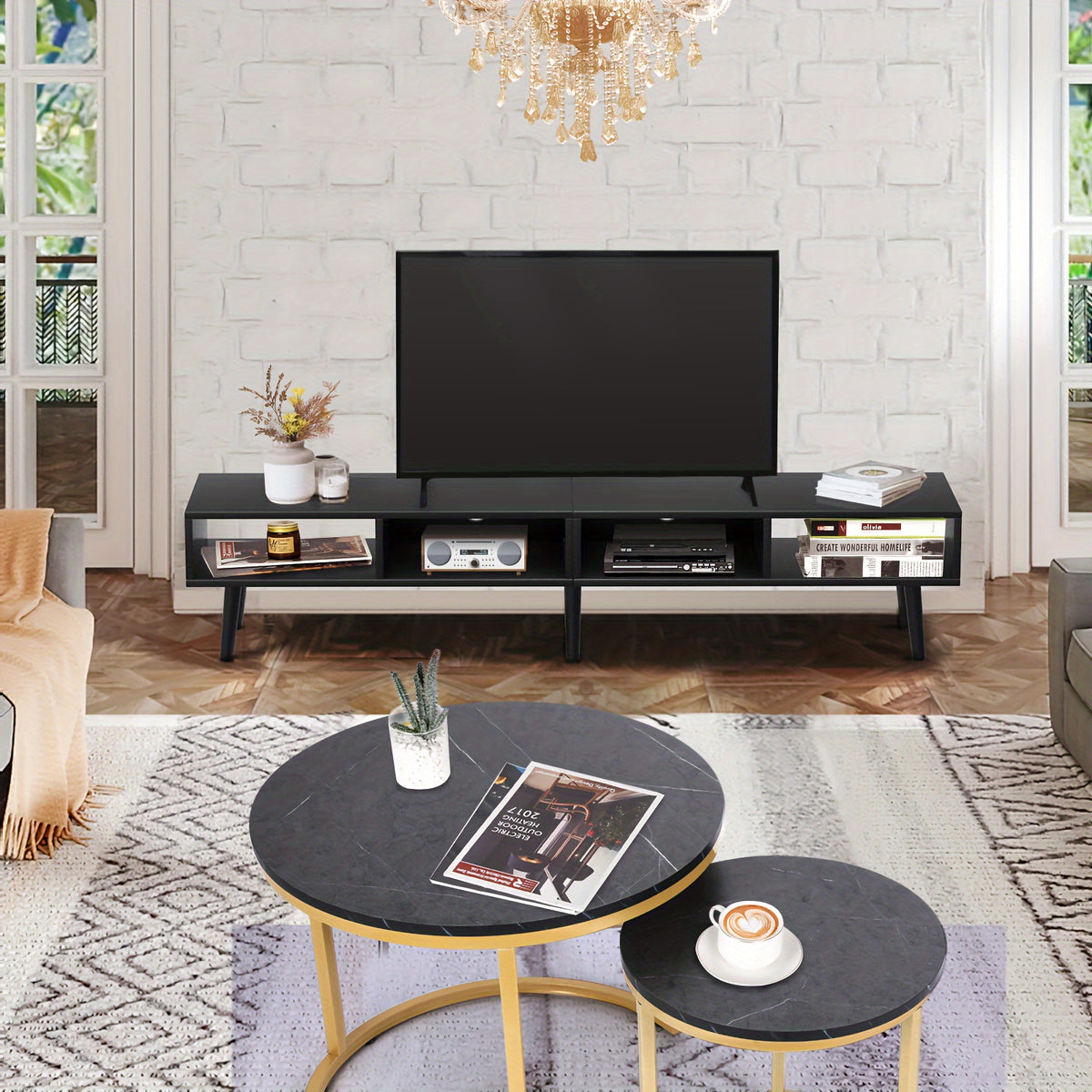Open Shelf TV Stand with Listed 59-Inch Size and 30–65-Inch Television Compatibility, White or Black Options for Living Room Media Storage and Entertainment Setups