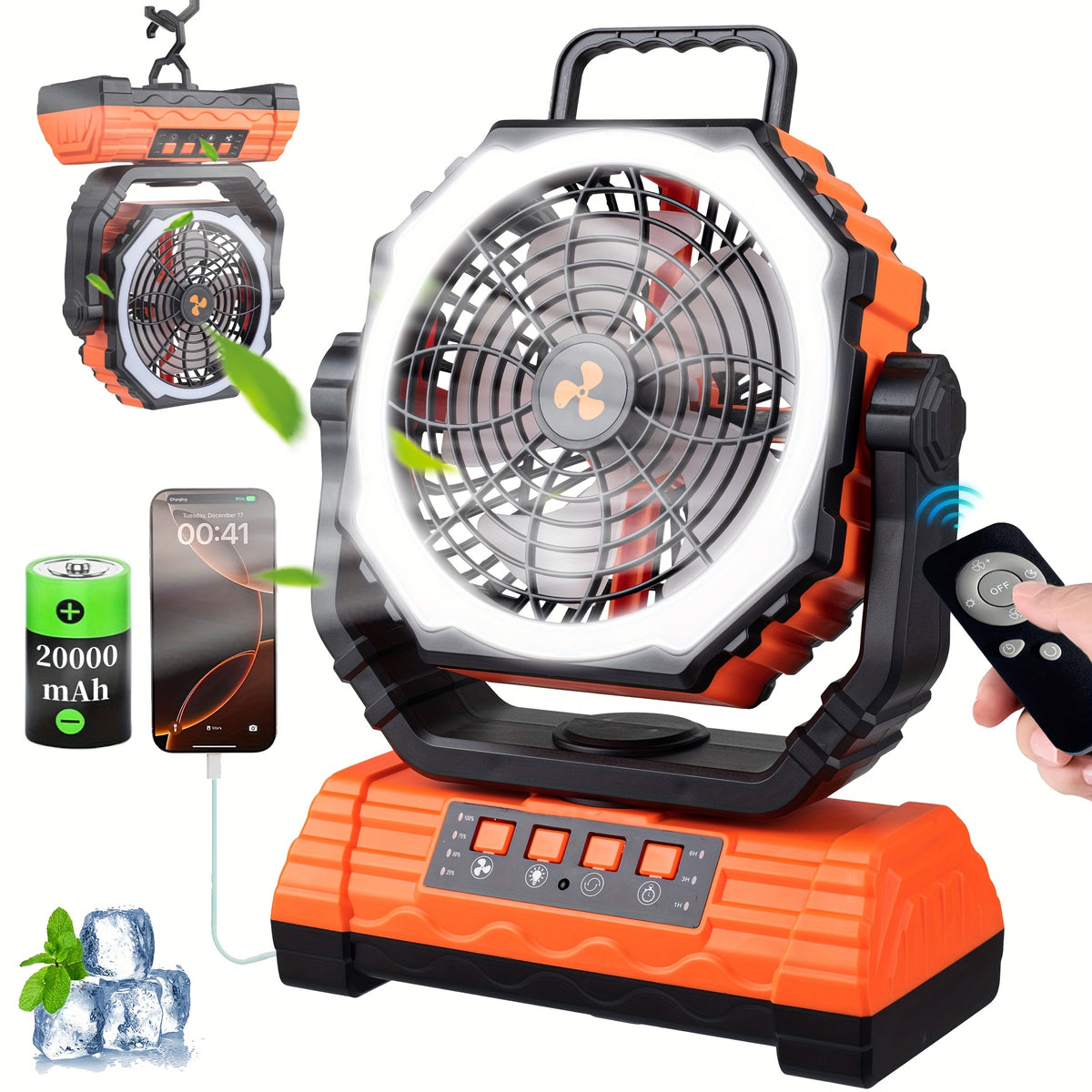 20000mAh Camping Fan with 4 LED Lanterns, Dual Motor Battery Powered Fan, 4-Speed Desk Fan with Hook, Remote Control Portable Outdoor Fan for Tent, Power Outage, Construction Site