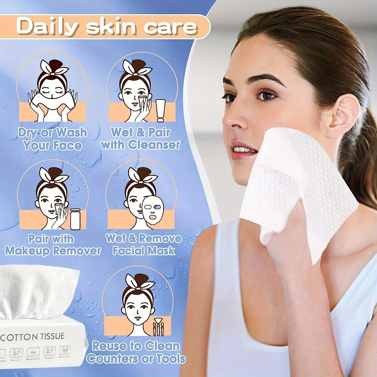 Disposable Face Towels in Six Packs of 50 Sheets, 300 Total Soft Non-Woven Dry or Wet Use Cleansing Cloths for Daily Face Care and Travel Packing
