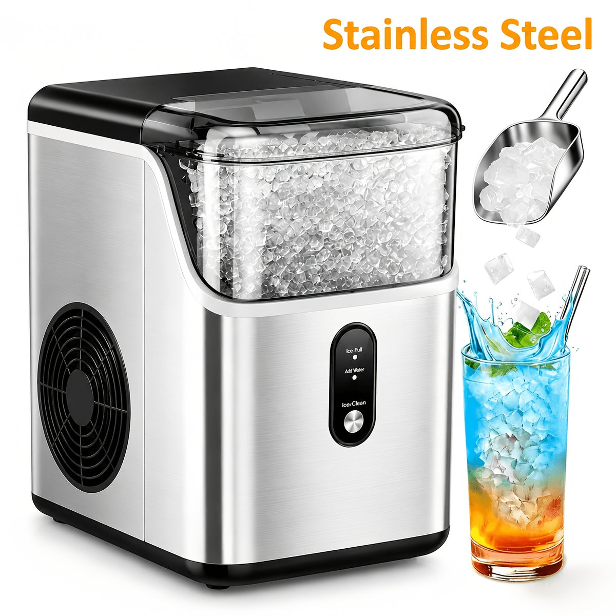 Bullet Ice Maker Countertop, 26 Lbs/24H Portable Ice Maker Machine, Self-Cleaning, Chewable Bullet Ice, One-Touch Operation, Stainless Steel Ice Maker for Kitchen, Office, and Home Bar Use