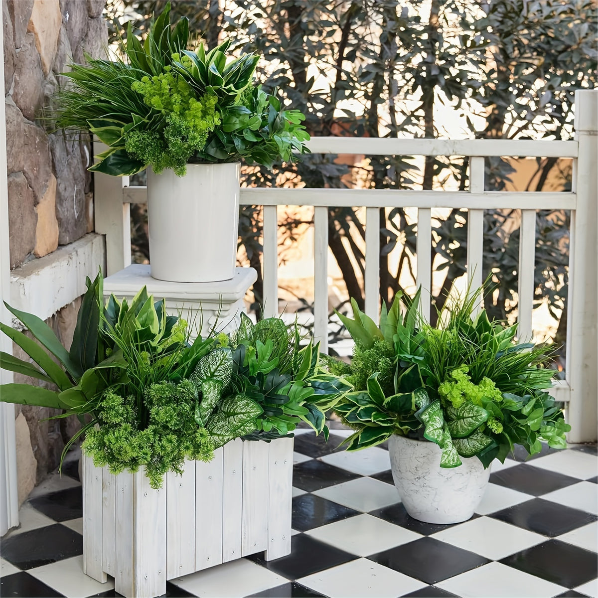 Artificial Boxwood Stems with Green Plastic Foliage, 18-Piece Faux Greenery Set for Window Box Displays, Porch Planters, Wedding Arrangements and Farmhouse Decor