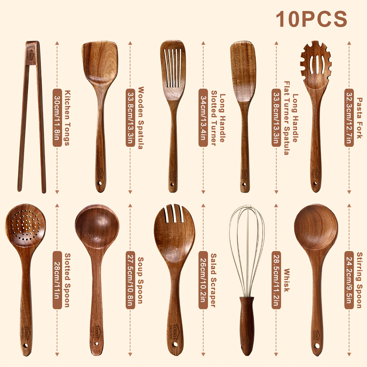 Wooden Cooking Utensils Set, 10-Piece Teak Kitchen Spoon and Spatula Tool Options for Everyday Stirring, Mixing and Meal Preparation in Home Kitchens