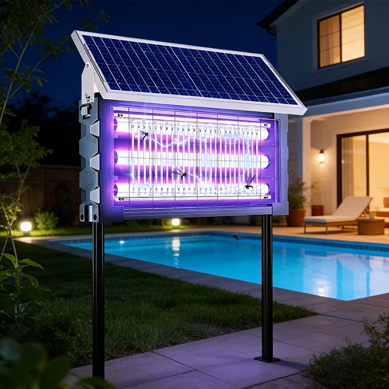 Solar-Powered Bug Zapper in Black with Automatic Day-Night Operation, Hook, Support Rod and Listed 10ft Solar Panel Extension Cord for Patio and RV Setups
