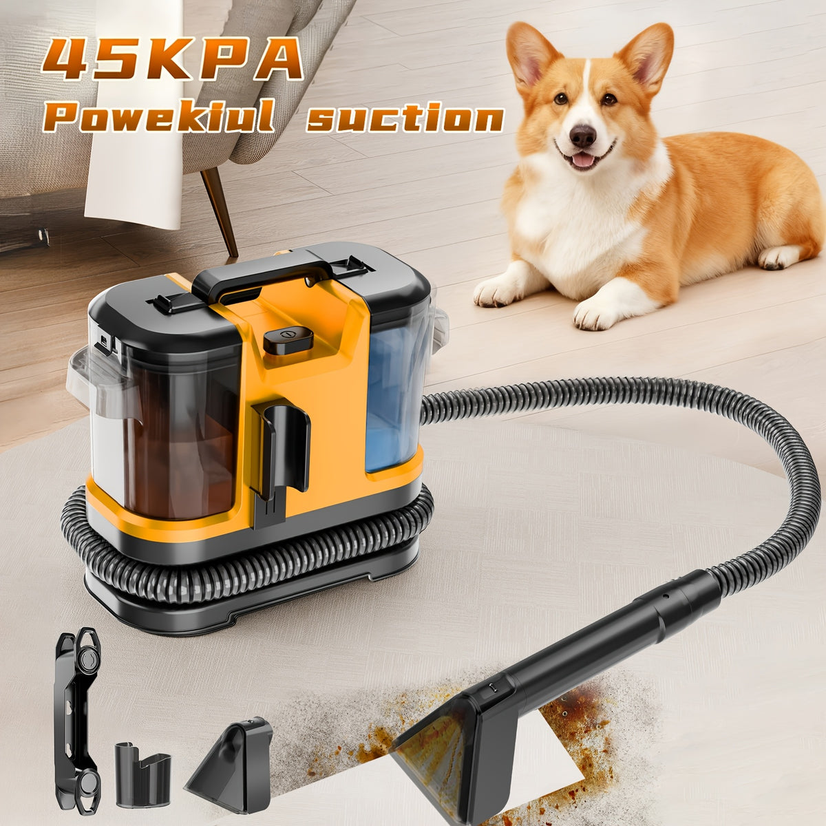 Self-Cleaning Carpet Cleaner Machine with Listed 45kPa Suction, Dual Brush and Large Tank, Portable Upholstery Cleaner for Pet Stains, Couches, Rugs and Car Interiors