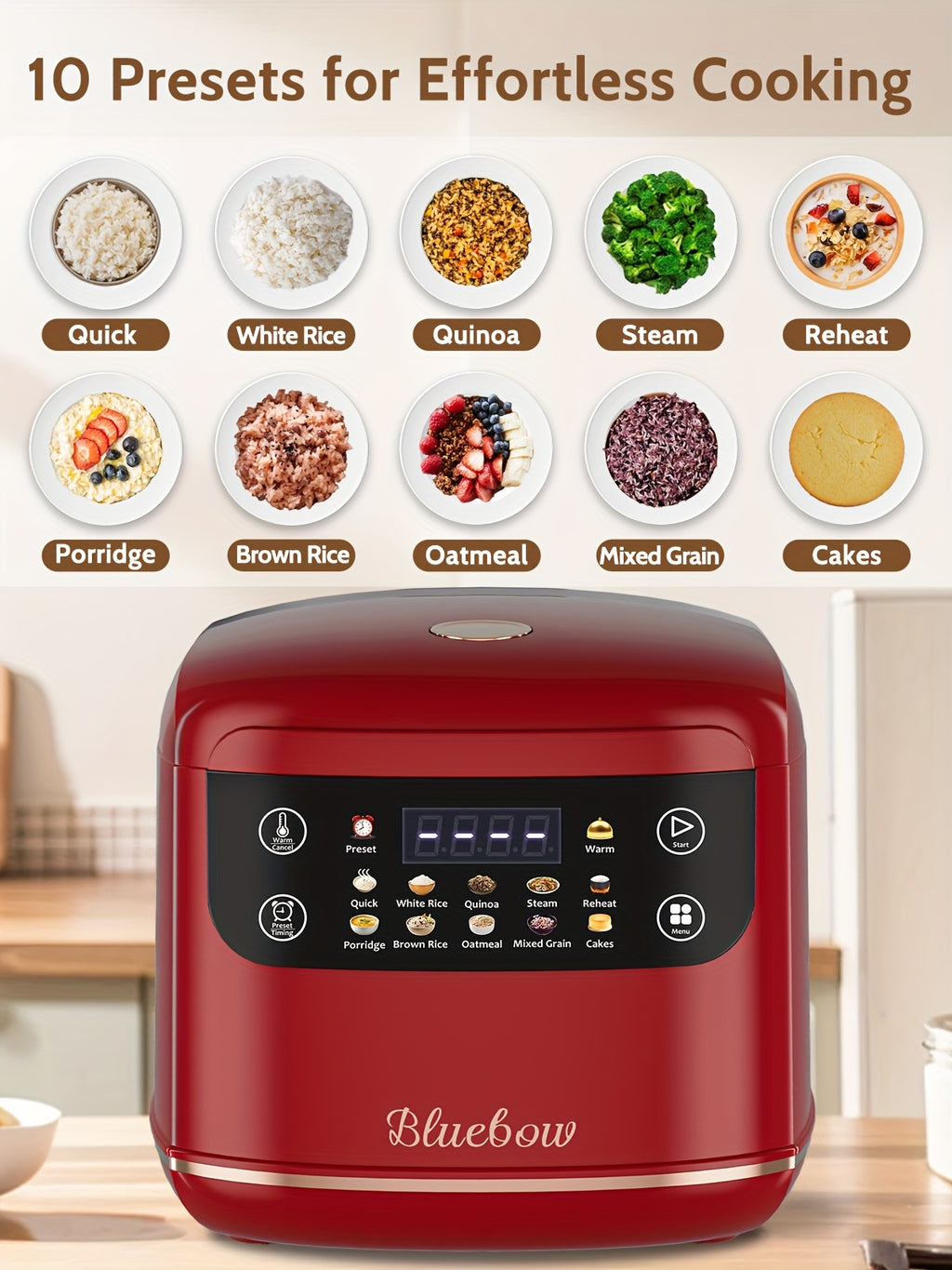 Mini Digital Rice Cooker with Listed 67.63 Oz Capacity, Ten-in-One Presets, Touchscreen and Nonstick Inner Pot with Delay and Keep Warm in Red or White Options